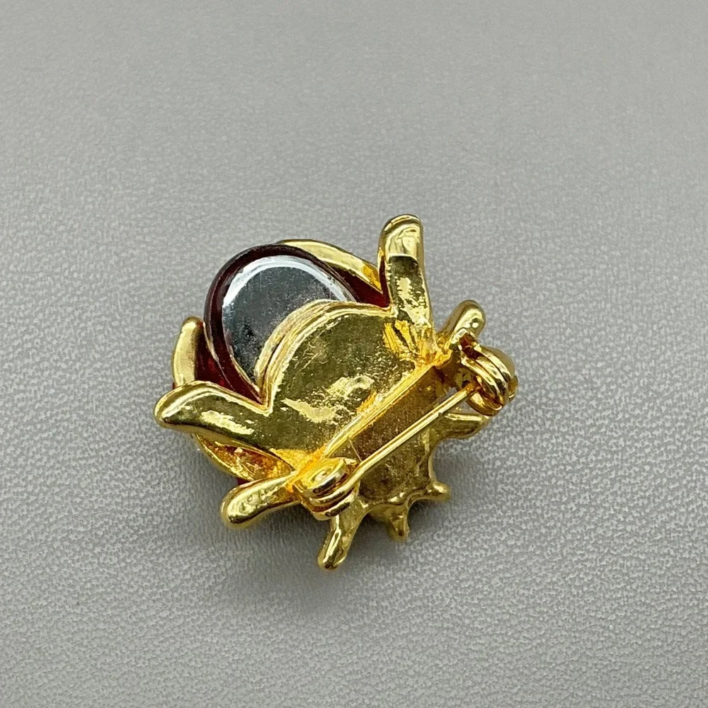 Ladybug Brooch Womens Gold Tone Red White Rhinestone Insect Animal Pin 0.75